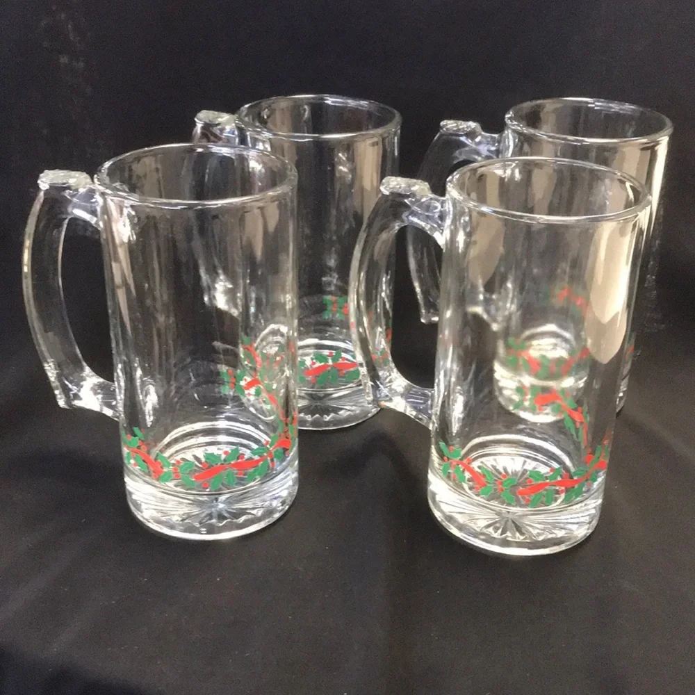 Vintage Libbey Holly & Berries Beer Steins/Mugs set‎ of 4